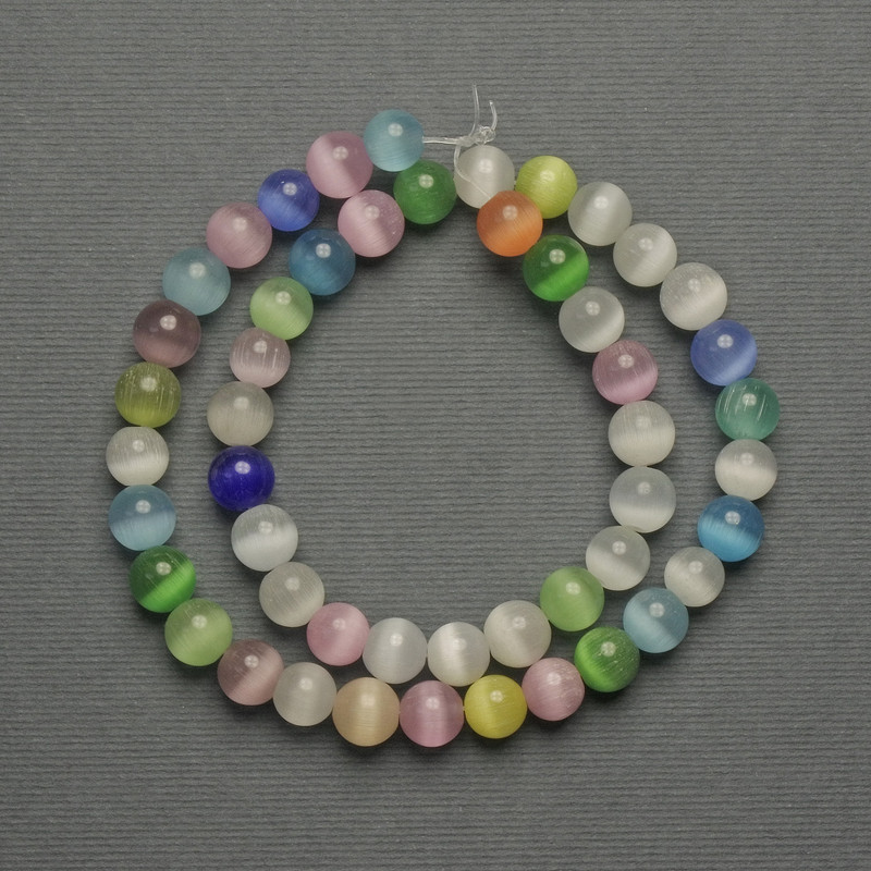 Cat's Eye Beads multi-colour synthetic stone smooth round ball, diameter 8mm± on thread, length 37cm+