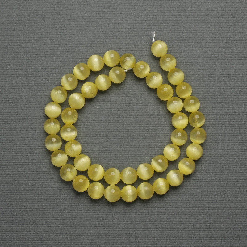 Cat's Eye Beads Yellow Synthetic Stone Smooth Round Beads 8mm± on Thread, Length 39cm+