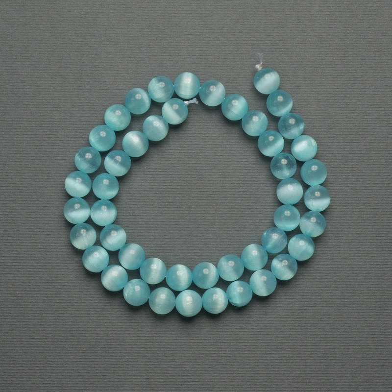 Cat’s Eye Beads Blue Synthetic Stone Smooth Round 8mm+ on Thread, 39cm+
