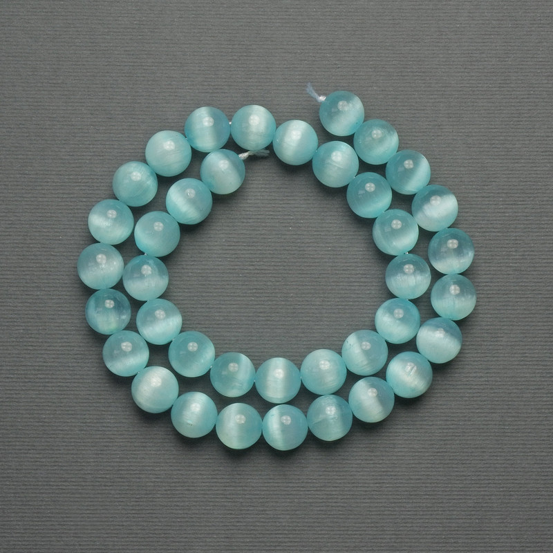 Cat's Eye Beads Blue Synthetic Stone Smooth Sphere, 10mm diameter ± on thread, 39cm length ±