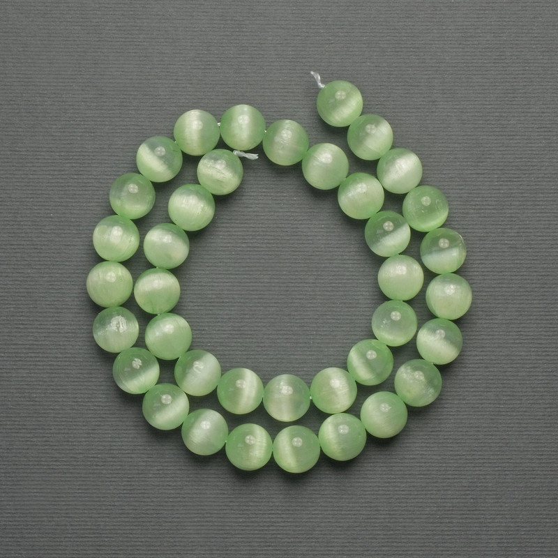 Cat's Eye Beads green (chartreuse) synthetic stone, smooth round bead, diameter 10mm± on thread, length 39cm+