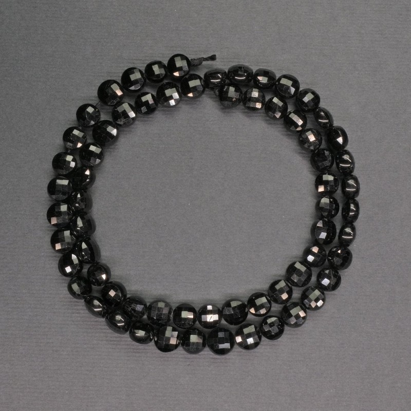 Natural gemstone beads Black tourmaline faceted coin 6x4mm, length 39cm