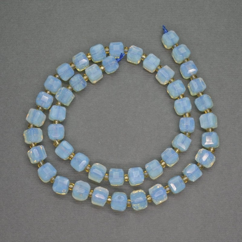 Moonstone Opalite Beads (synthetic) Faceted Cube, diameter 7mm±, seed beads 3mm±, length 39cm±