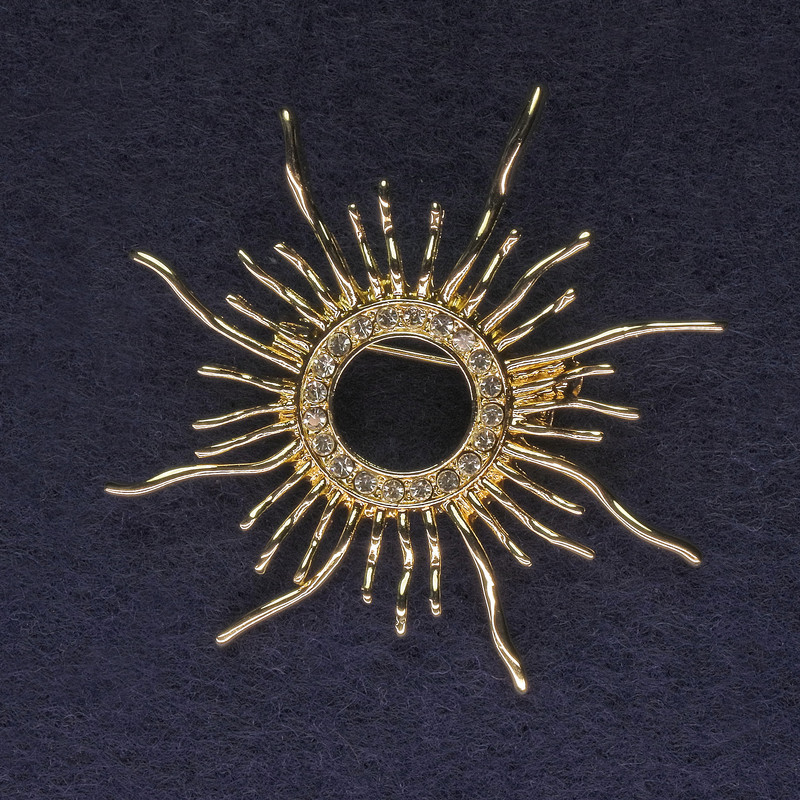 Sun Brooch, white rhinestones, gold-tone metal, 48mm+