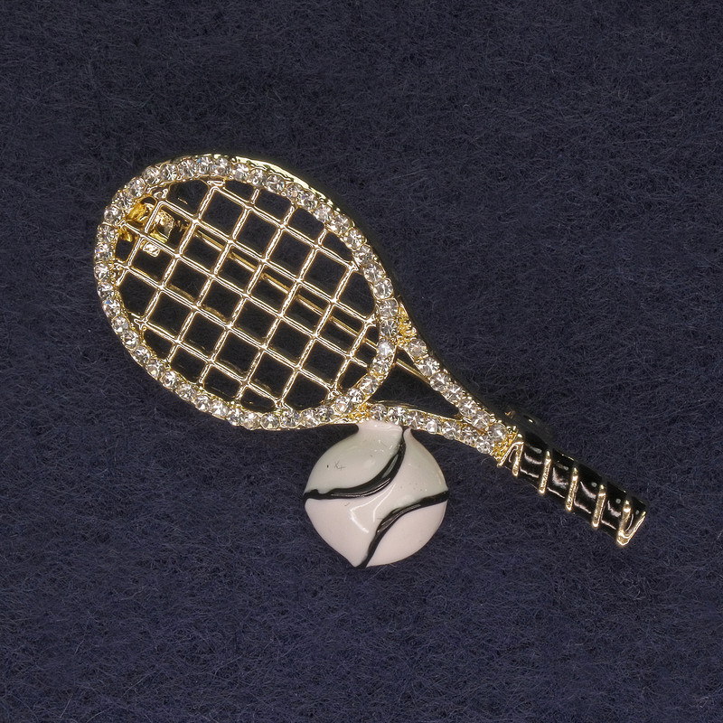 Racket with Ball Brooch, white rhinestones, gold-tone metal, diameter 44x22mm+