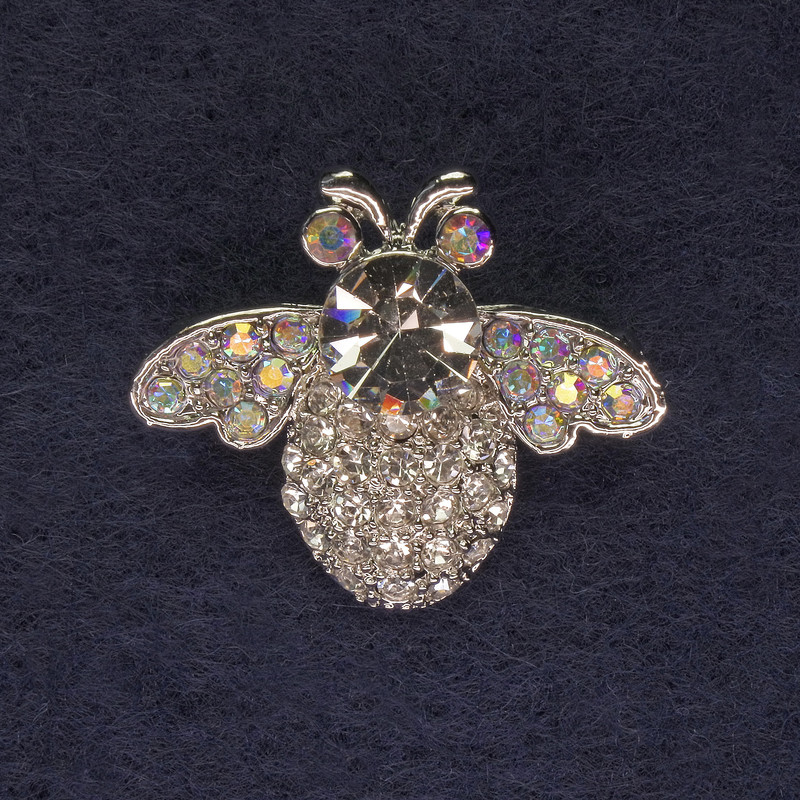 Insect Brooch Rainbow and White Rhinestones Silver-Tone Metal, Diameter 28x23mm+