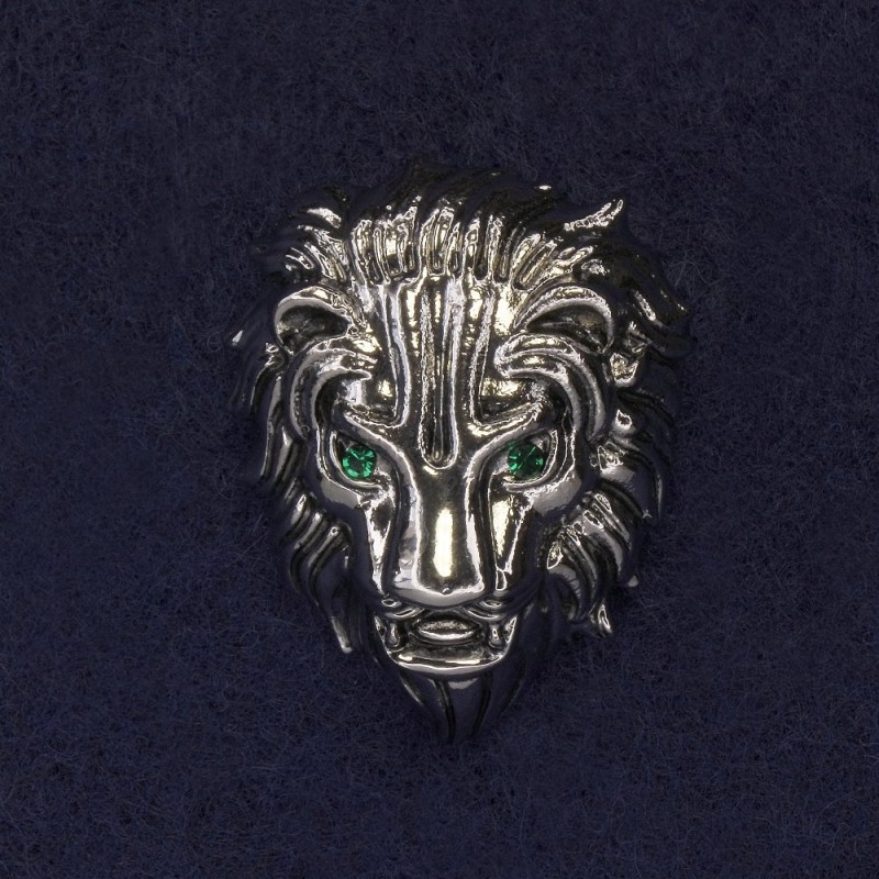 Lion Brooch Green Rhinestones Silver-Tone Metal, Diameter 28x22mm+