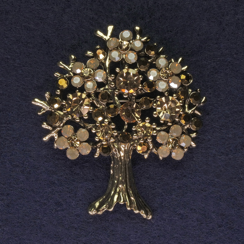 Tree Brooch with Rhinestones, Gold-Tone Metal, Diameter 45x50mm+