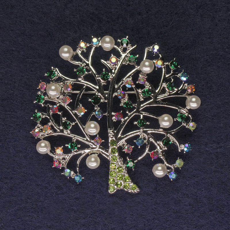 Tree Brooch with Rhinestones and Pearls, Silver-Tone Metal, Diameter 46mm+