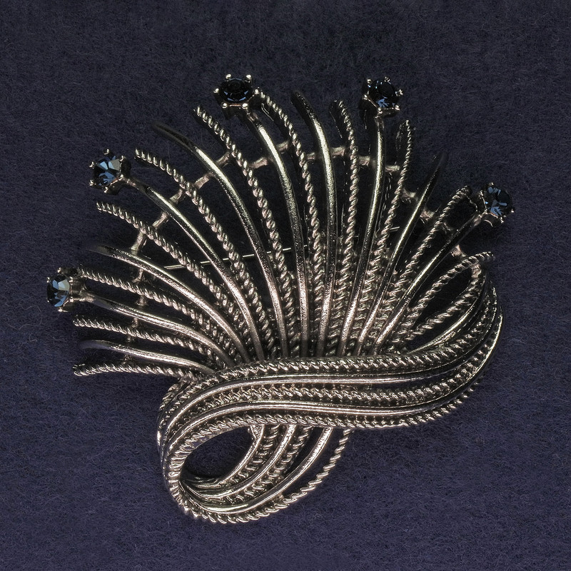Accent Brooch, blue rhinestones, silver-tone metal, 67x63mm+