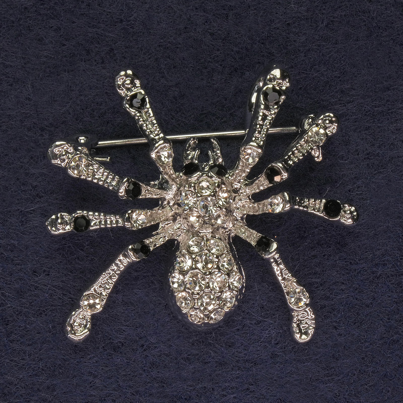 Spider Brooch White and Black Rhinestones Silver-Tone Metal 29x29mm+