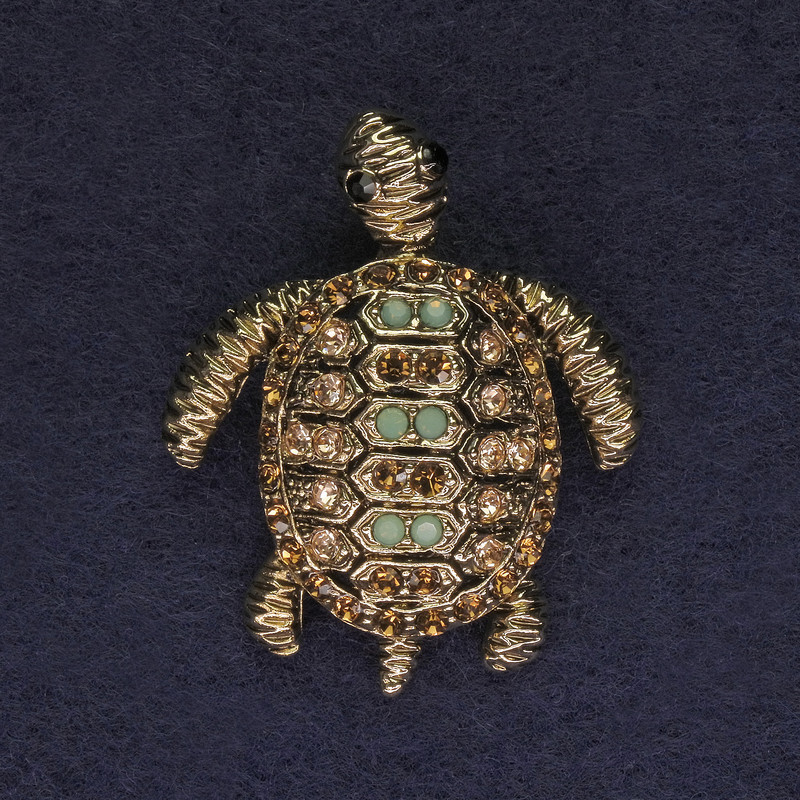 Turtle Brooch-Pendant, Multicolour Rhinestones, Gold-Tone Metal, 37x32mm+