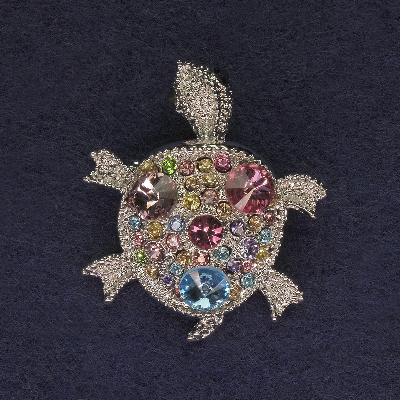 Turtle Brooch, Silver, Multicolour Rhinestones, Silver-Tone Metal, 36x31mm+