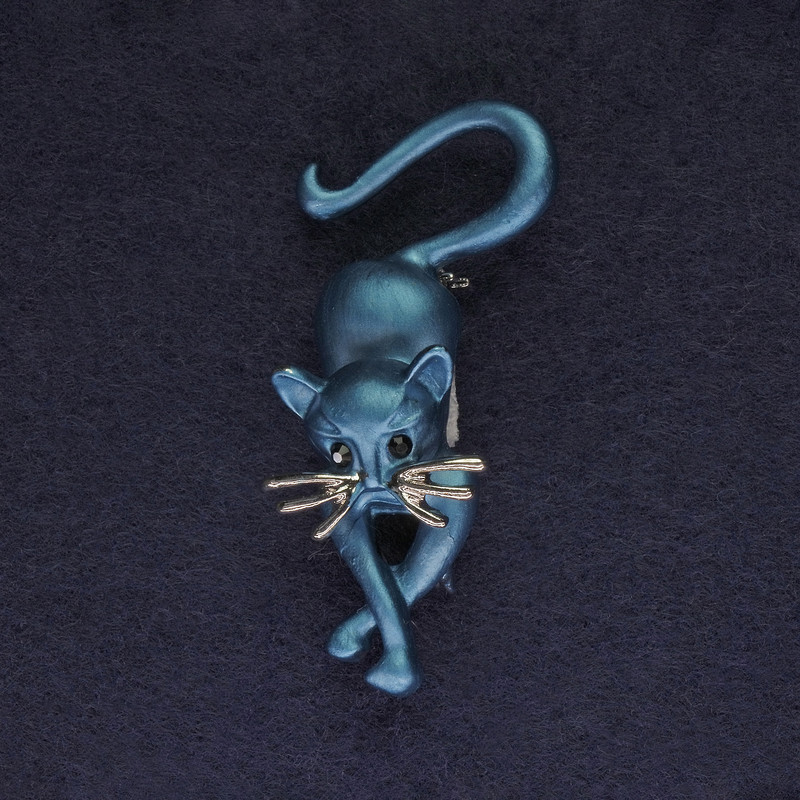 Cat Brooch Blue Colour Black Rhinestones Silver-Tone Metal 52x24mm+