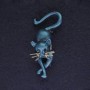 Cat Brooch Blue Colour Black Rhinestones Silver-Tone Metal 52x24mm+