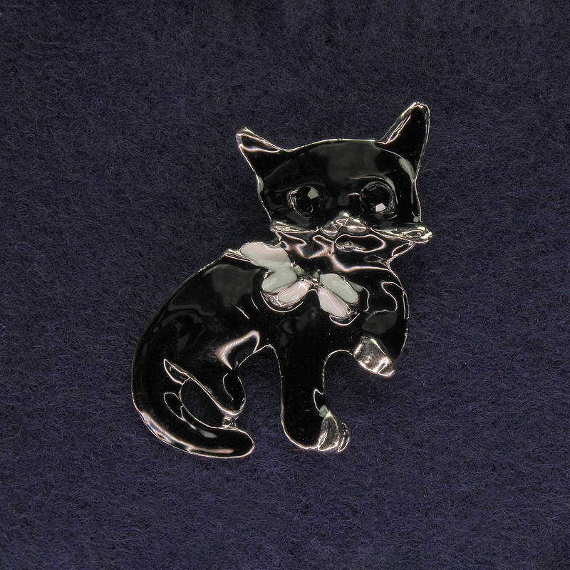 Cat Brooch, Black Enamel, Black Rhinestones, Silver-Tone Metal, 40x23mm+