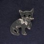 Cat Brooch, grey enamel colour, black rhinestones, silver-tone metal, 40x23mm+