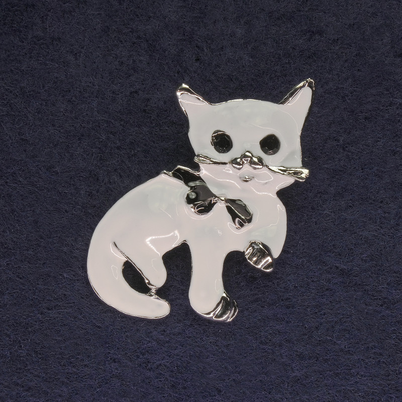 Cat Brooch, white enamel colour, black rhinestones, silver-tone metal, 40x23mm+