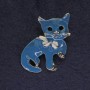 Cat Brooch, blue enamel colour, black rhinestones, silver-tone metal, 40x23mm+