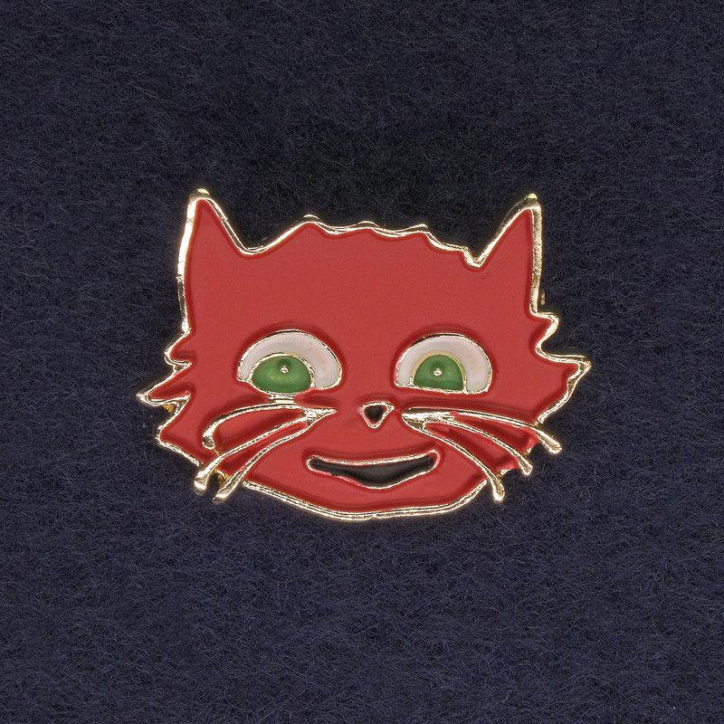 Cat Brooch, Red and Green, Gold-Tone Metal, 27x22mm+