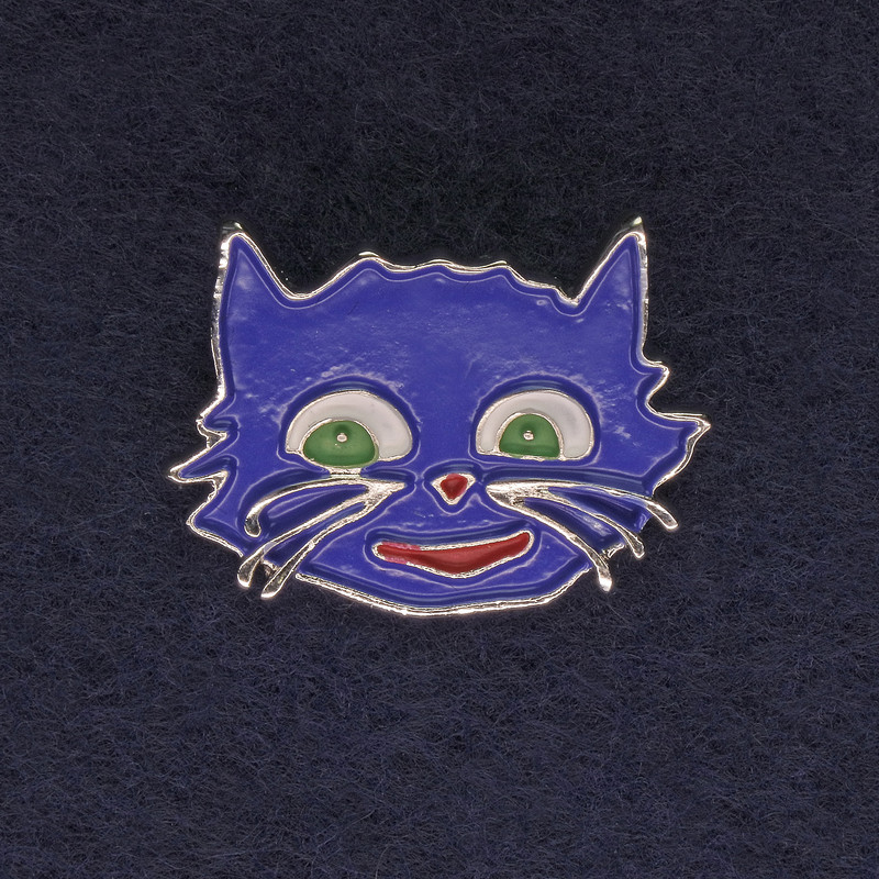 Cat Brooch, Blue Enamel, Silver-Tone Metal, 27x22mm+