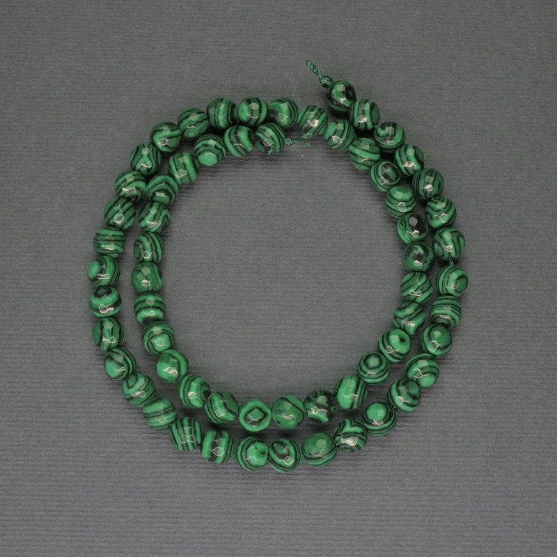 Malachite Beads Faceted Round, Diameter 6mm+- on Thread, Length 36cm+