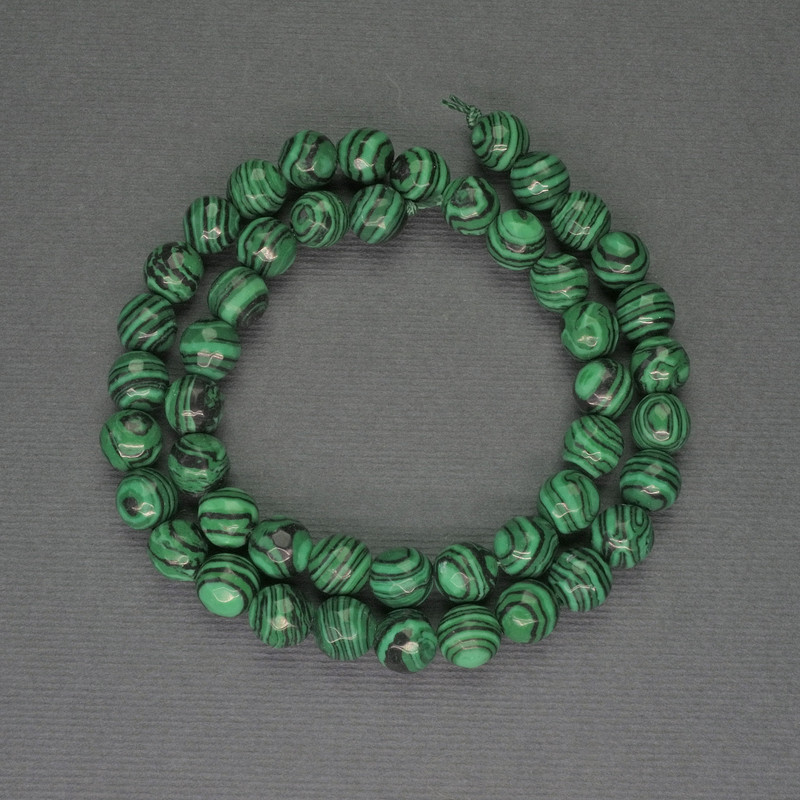 Malachite Beads Faceted Round, diameter 8mm+/- on a strand, length 37cm+