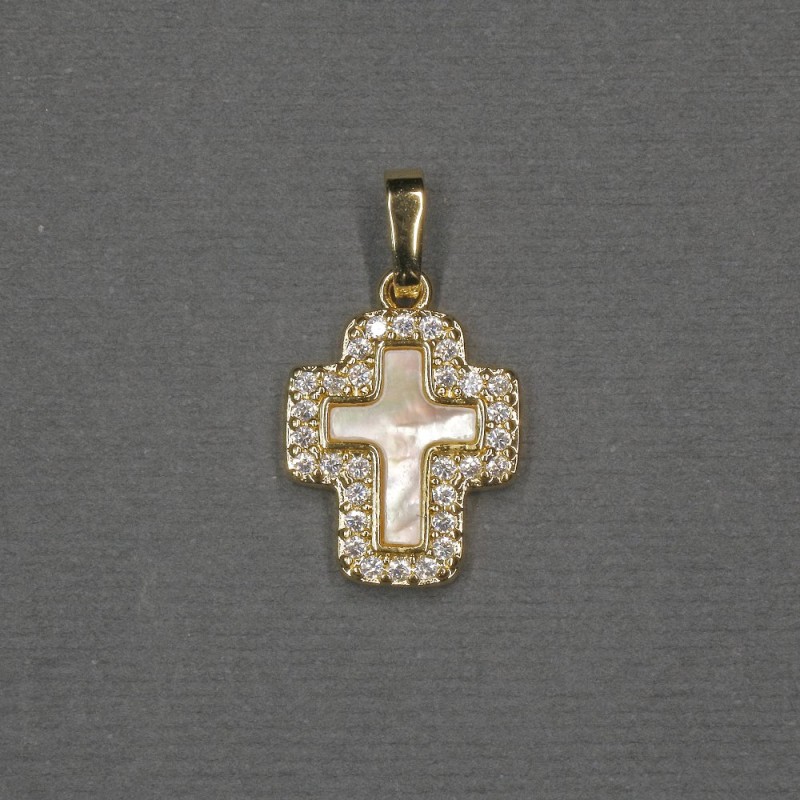 Cross Pendant with Mother-of-Pearl Insert 13x15x18x2.5mm+- Gold-Tone Metal