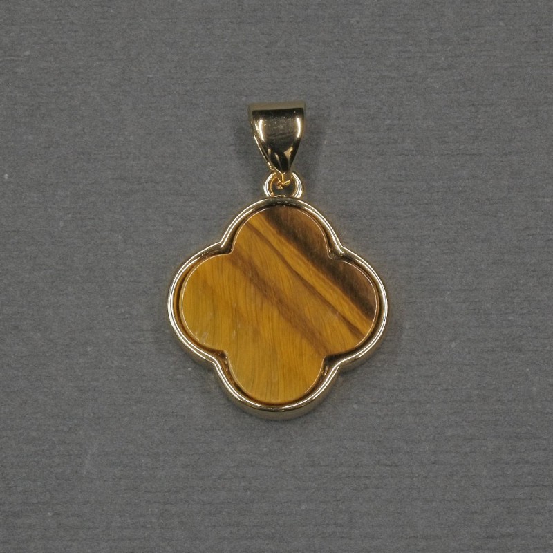 Clover Pendant with Tiger's Eye Inlay 16x18x4mm+/- Gold-Tone Metal