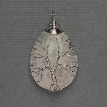 Drop Pendant Rock Crystal 24x35x48mm+- in silver-tone wire wrap