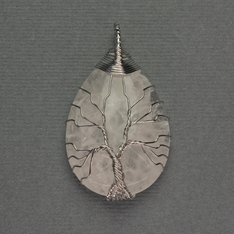 Drop Pendant Rock Crystal 24x35x48mm+- in silver-tone wire wrap