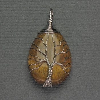 Drop Pendant Tiger's Eye 24x35x48mm+- in silver-tone wire wrap