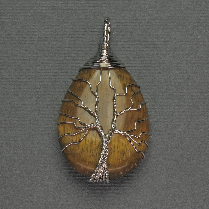 Drop Pendant Tiger's Eye 24x35x48mm+- in silver-tone wire wrap