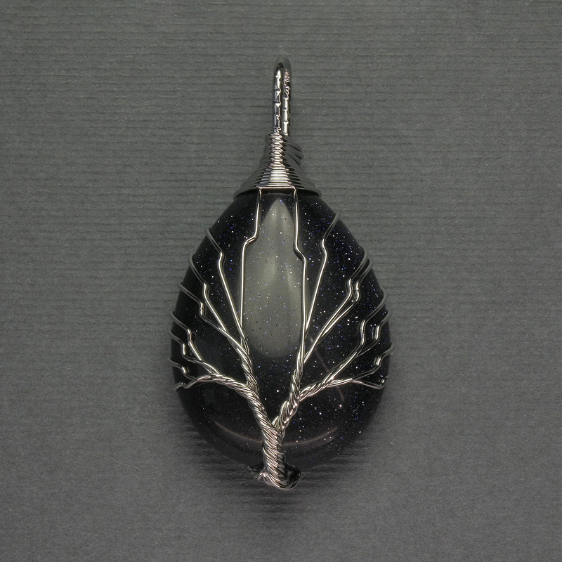 Drop Aventurine "Cairo Night" Pendant 24x35x48mm+/- Silver-Tone Wire Wrap