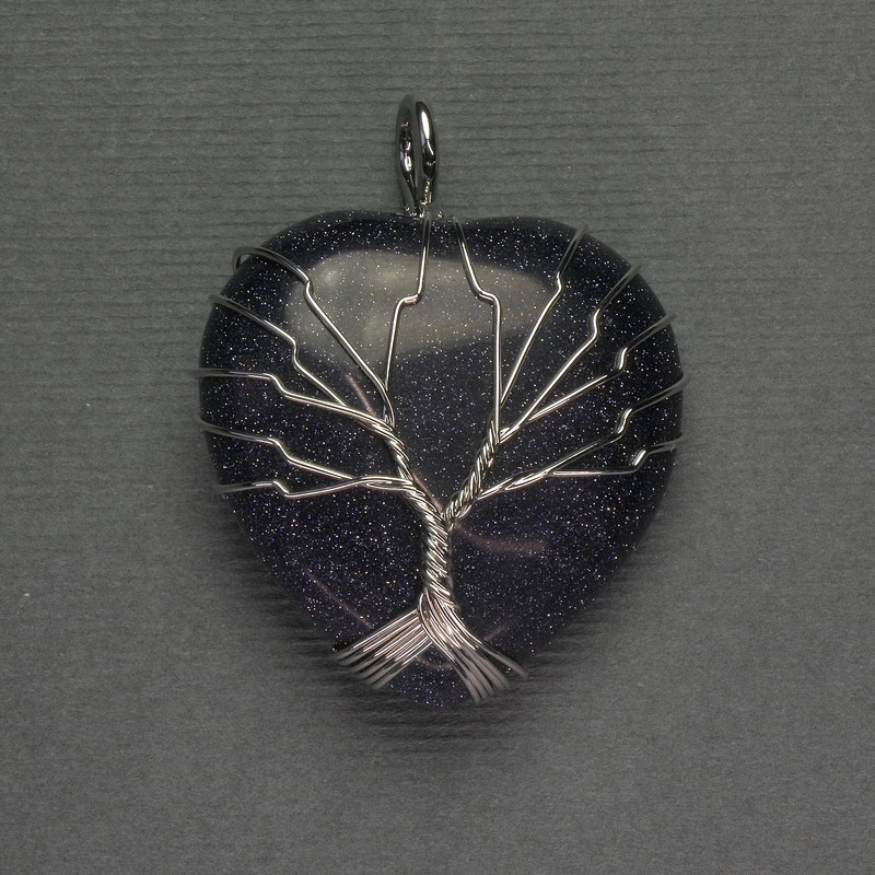 Heart Aventurine "Cairo Night" Pendant 31x31x38mm+/- Silver-Tone Wire Wrap