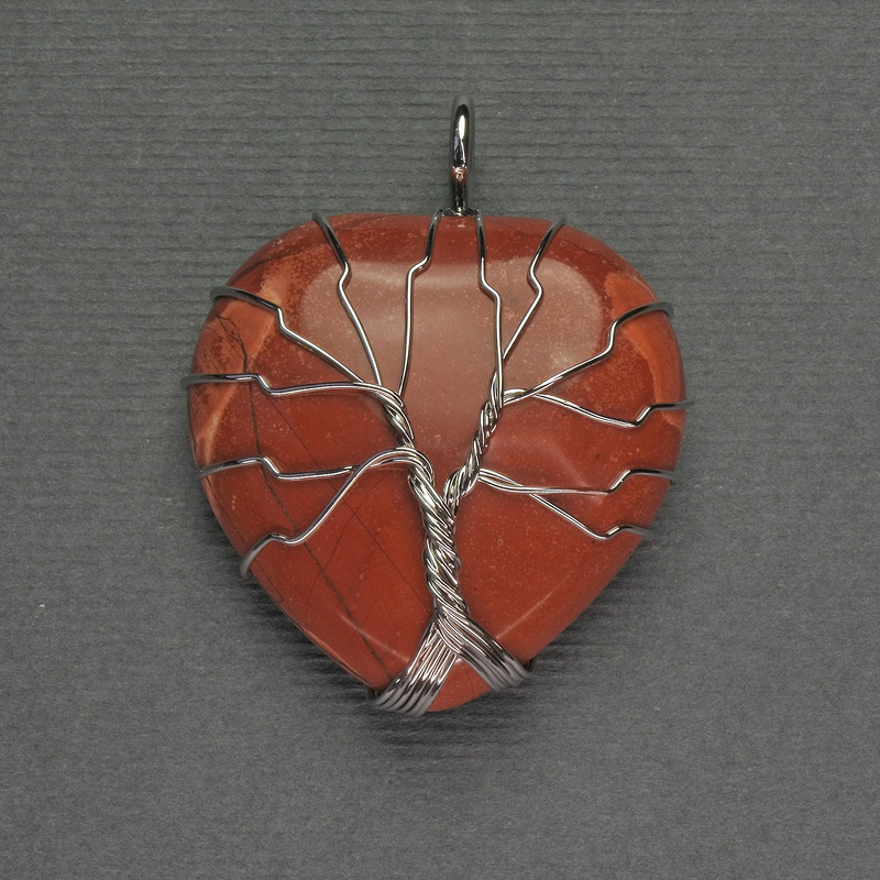Red Jasper Heart Pendant 31x31x38mm+/- in Silver-Tone Wire Wrap