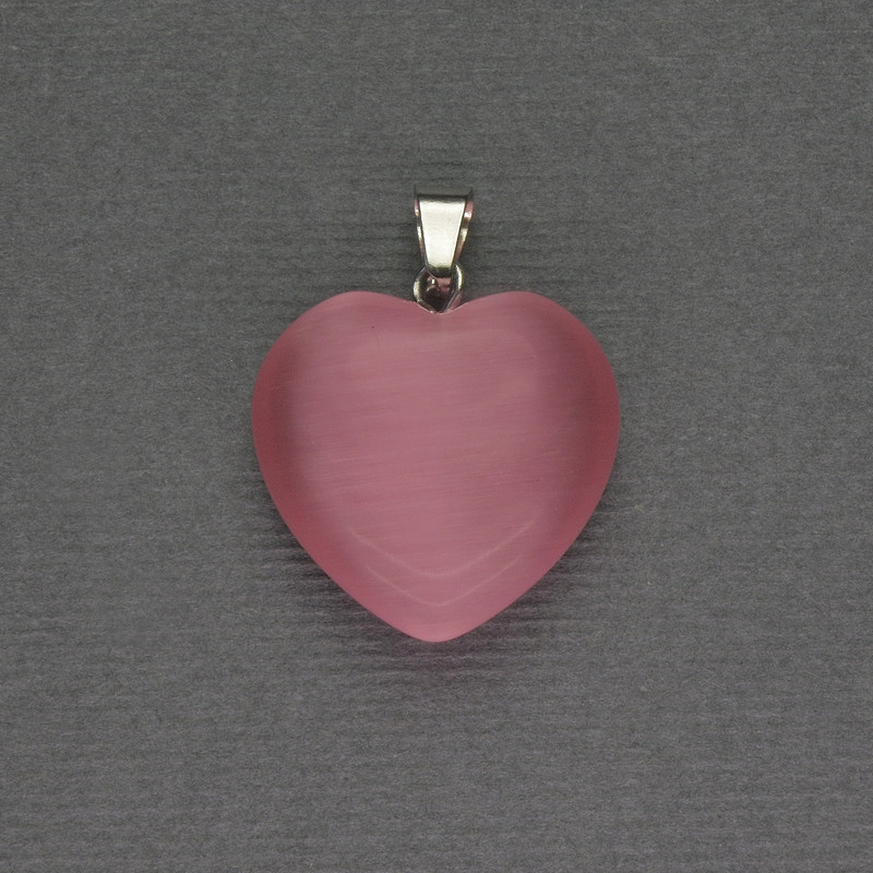 Pink Cat's Eye Heart Pendant 20x20x25mm+-, Silver-Tone Metal
