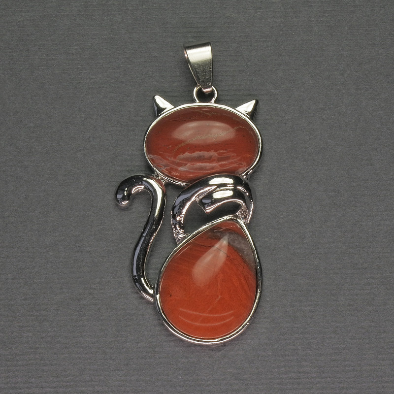 Red Jasper Cat Pendant 25x51mm+/- Silver-Tone Metal