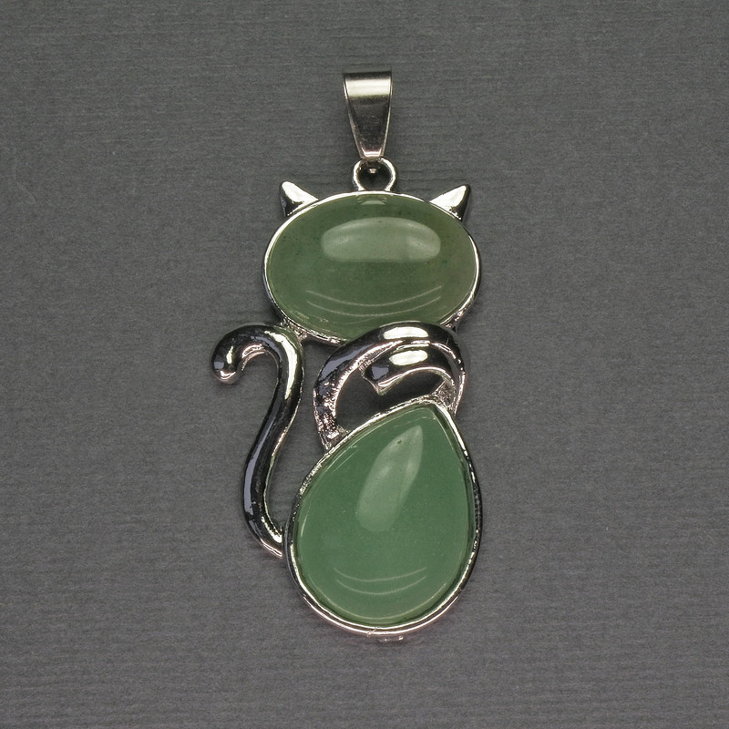 Cat Pendant Jade 25x51mm+- silver-tone metal