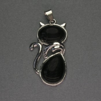 Agate Cat Pendant 25x51mm+-, Silver-Tone Metal