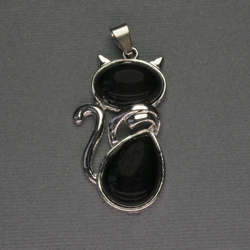 Agate Cat Pendant 25x51mm+-, Silver-Tone Metal