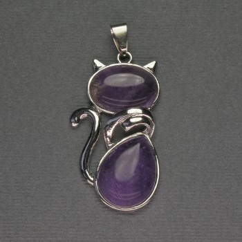 Amethyst Cat Pendant 25x51mm+-, Silver-Tone Metal