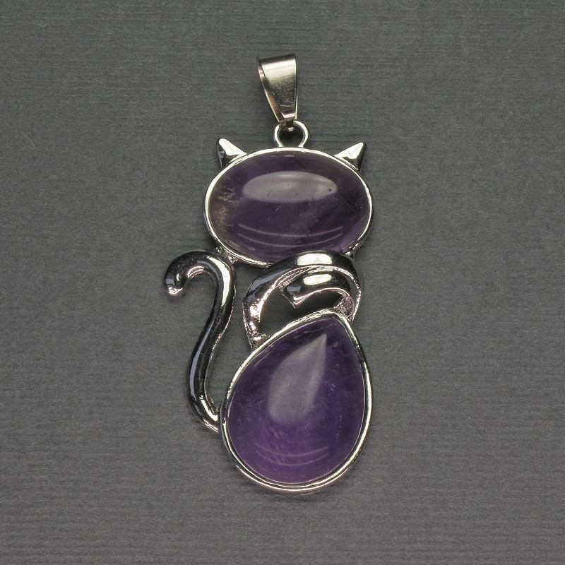 Amethyst Cat Pendant 25x51mm+-, Silver-Tone Metal