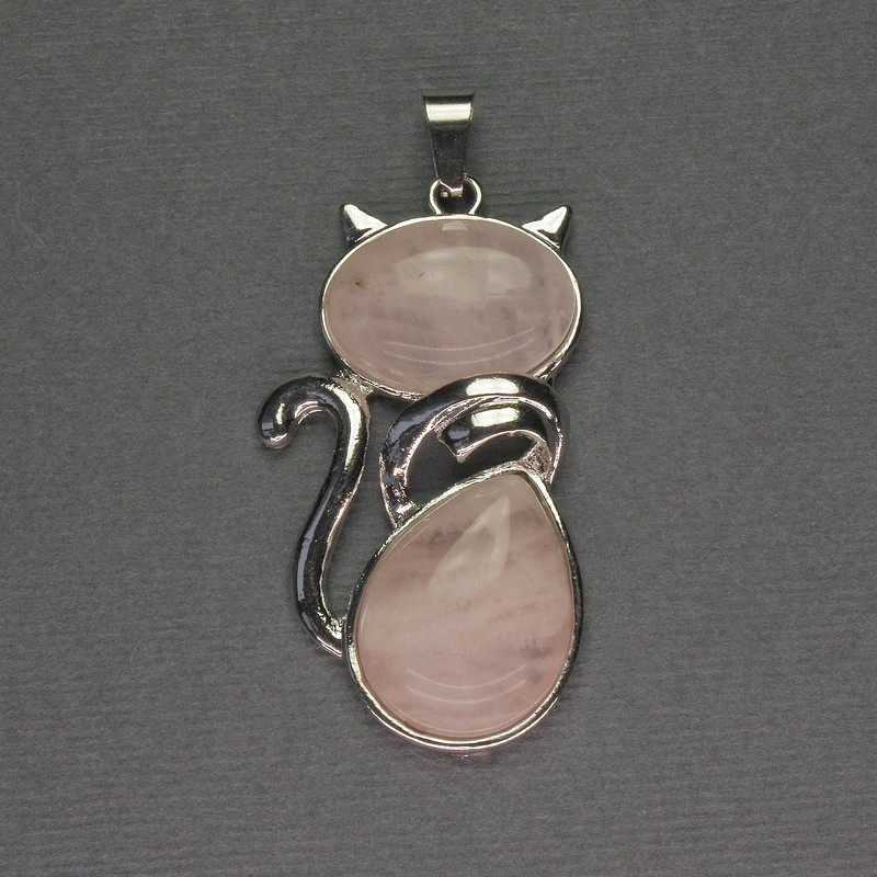 Rose Quartz Cat Pendant 25x51mm+/- Silver-Tone Metal