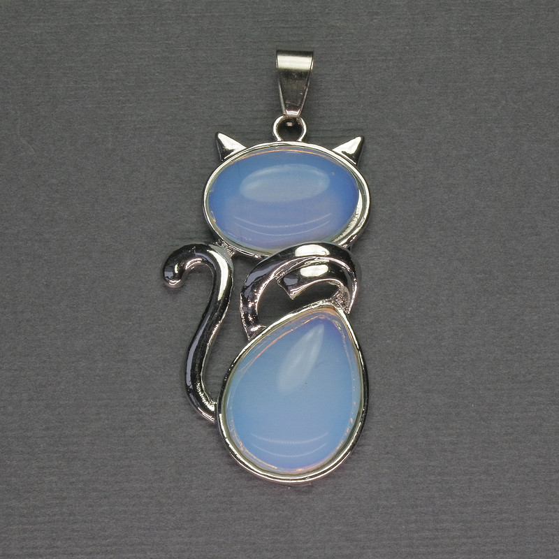 Moonstone Cat Pendant 25x51mm+-, Silver-Tone Metal