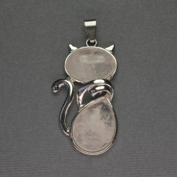 Cat Pendant Rock Crystal 25x51mm+- silver-tone metal