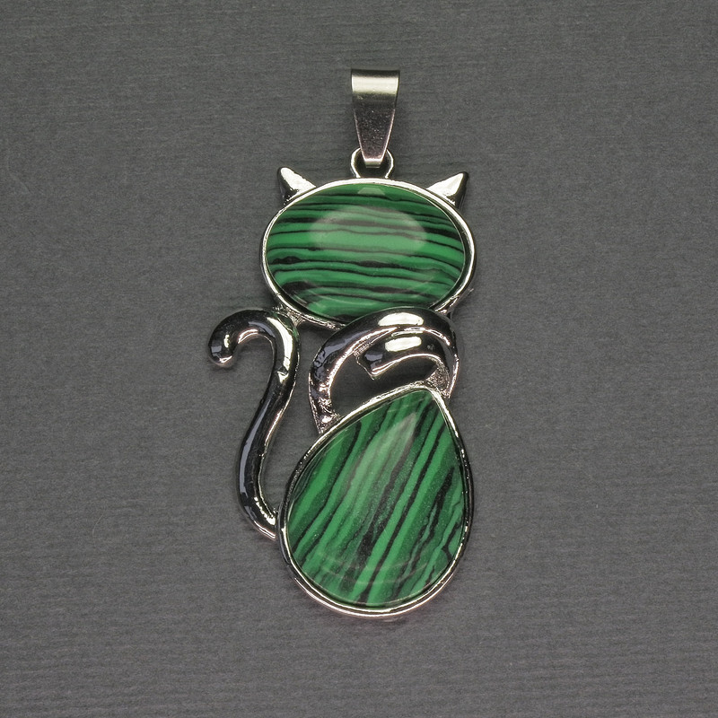 Malachite Cat Pendant 25x51mm+-, Silver-Tone Metal