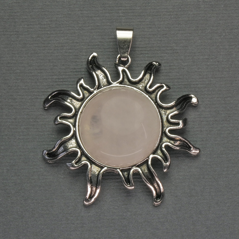 Sun Rose Quartz Pendant 42mm+/-, Length 48mm+/- Silver-Tone Metal
