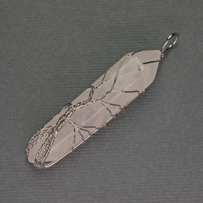 Rock Crystal Hexagon Crystal Pendant 12x50x57mm+/- in Silver-Tone Wire Wrap