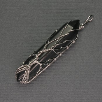 Agate Hexagon Crystal Pendant 12x50x57mm+/- in Silver-Tone Wire Wrap